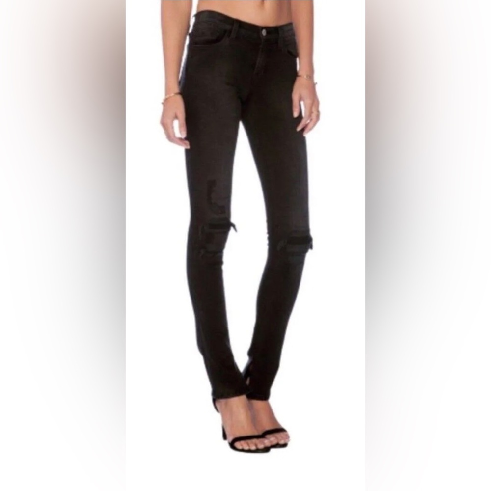 J Brand Rail Breakip Mid Rise Skinny Jeans Faded Black Wash Sz.25